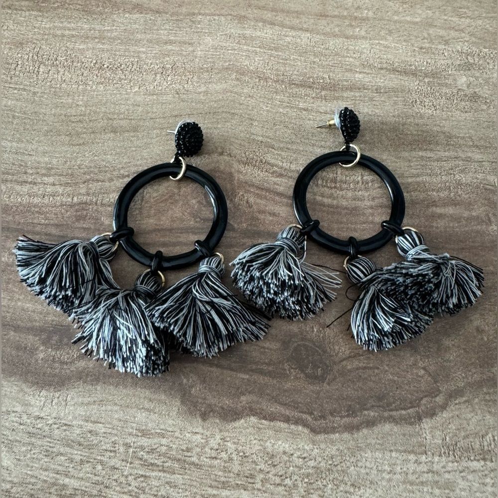 SUGARFIX by BaubleBar Hoop Multi-Tassel Earrings Black & Grey Nickel Free Boho